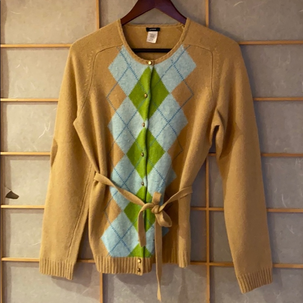 J. Crew camel argyle cardigan, large
